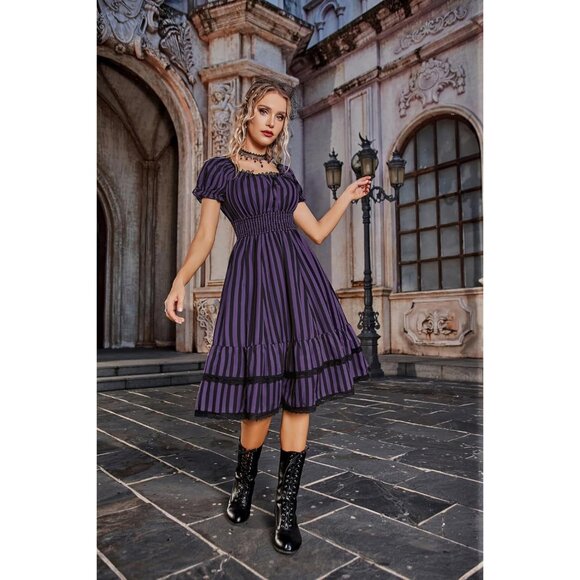 Women's Scarlet Darkness Victorian Renaissance Costume Midi Dress Purple Black - Picture 7 of 8